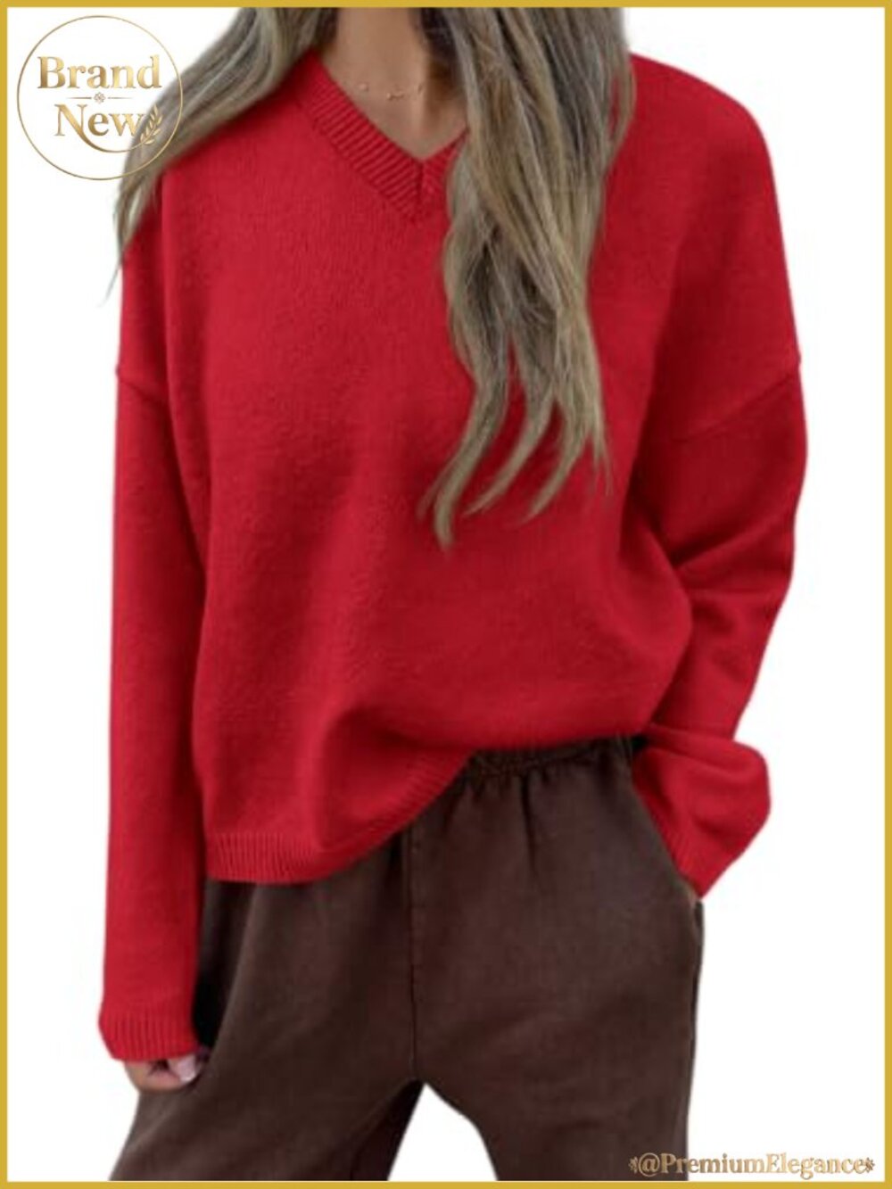 Cozy Knit Pullover Sweater Women Long Sleeve V Neck Drop Shoulder Chunky Fall